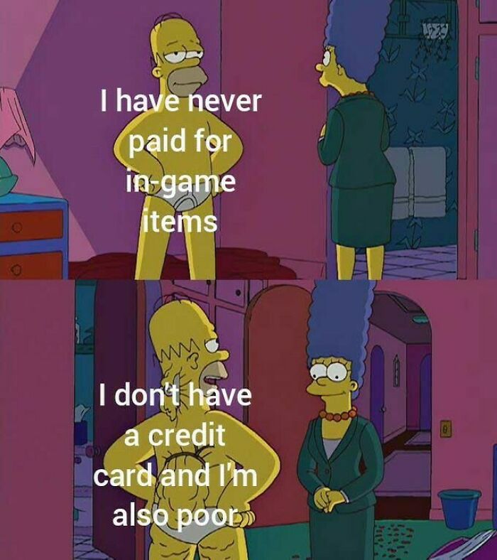 Homer Simpson humorously denies paying for in-game items while Marge listens, a funny dad meme about gaming peace.