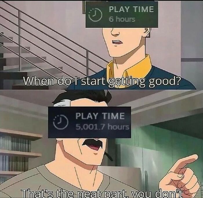 Two cartoon dads with gaming playtime hours over their eyes, humorously questioning when they will get good at gaming.