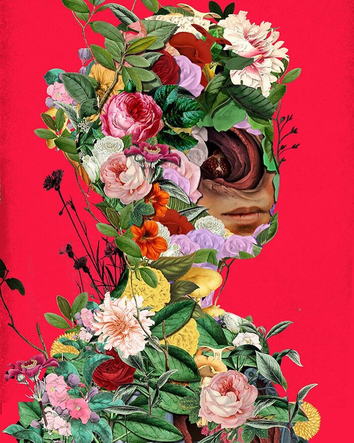 Intricate collage of a human silhouette made from vibrant flowers and leaves against a bold red background.