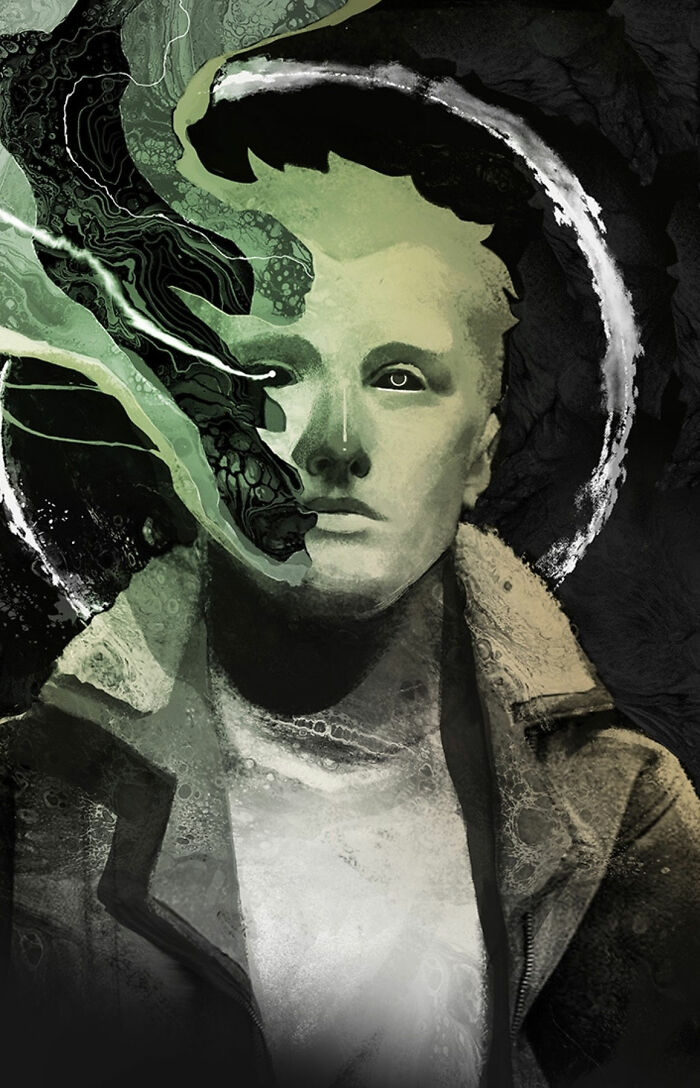 Intricate collage art of a man with abstract green and black patterns blending into his face and dark textured background.