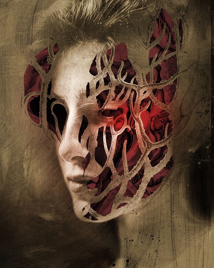 Surreal portrait collage with intricate cutouts revealing red patterns beneath, showcasing detailed and layered artistic design.