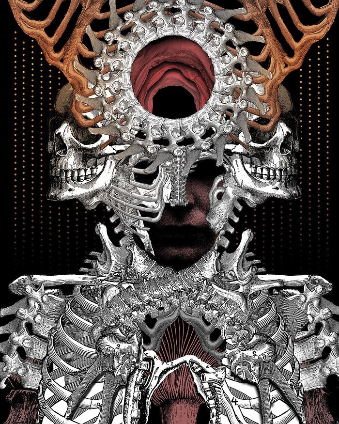 Intricate collage artwork featuring layered skeletal structures and surreal anatomical elements in a detailed, complex composition.