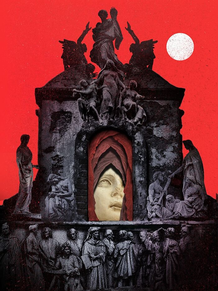 Intricate collage featuring classical statues with a large face at the center against a red background and white moon.