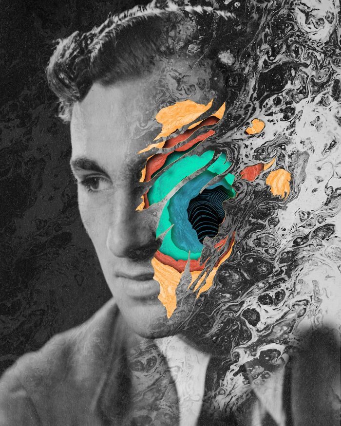 Black and white portrait with an intricate collage of colorful abstract layers peeling away to reveal depth and texture.