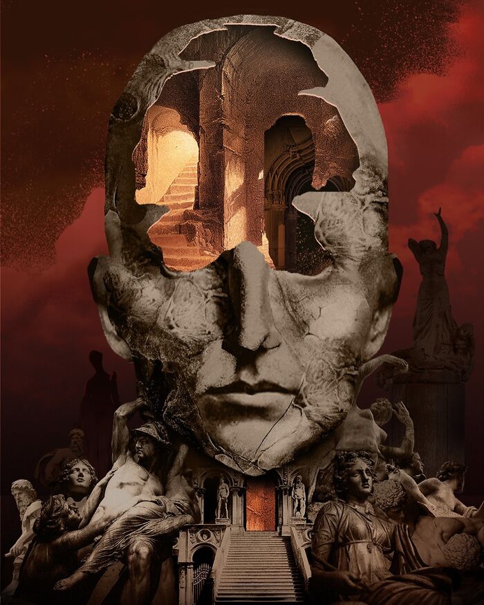 Surreal intricate collage of a c*****d classical statue head with architectural elements and multiple smaller statues against a red sky.
