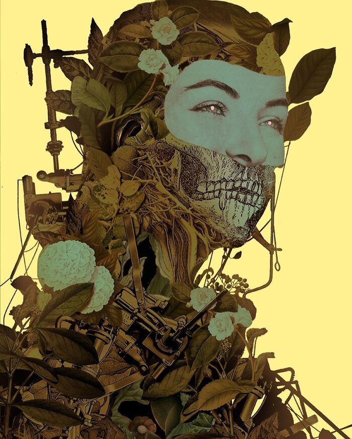 Intricate collage artwork showing a surreal human face blended with mechanical parts, flowers, and leafy elements on yellow background.