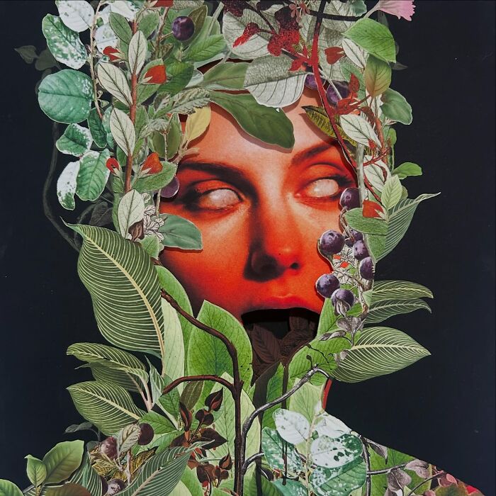 Intricate collage of a red-toned face surrounded by detailed leaves and berries on a dark background, blending nature and surrealism.