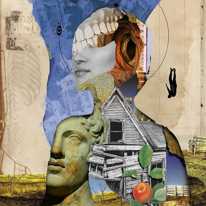 Intricate collage combining classical sculpture, a woman's face, a rustic house, and surreal elements in a layered artistic composition.