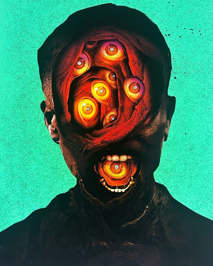 Surreal intricate collage of a human silhouette with multiple glowing eyes and a mouth inside the head against a teal background.