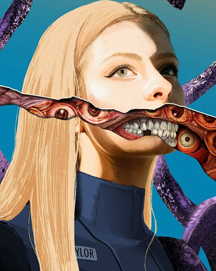 Intricate collage of a woman with tentacles and eyes emerging from her mouth against a blue background.