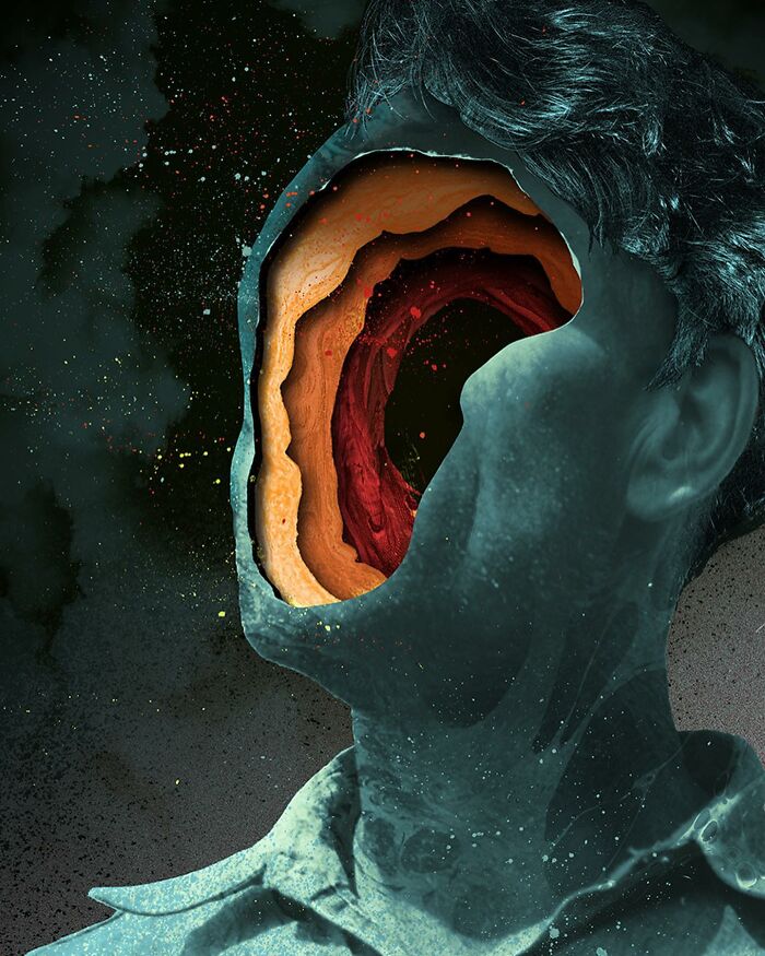Surreal intricate collage of a person with layered, colorful hollowed-out face against a dark textured background.