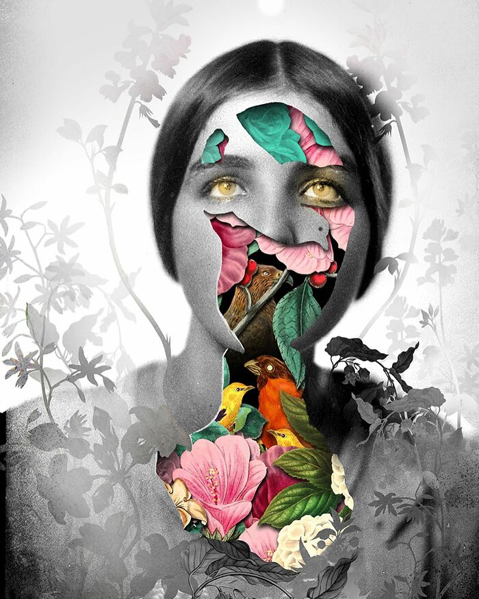 Black and white portrait with intricate collages of colorful birds, flowers, and leaves layered within the face and neck areas.