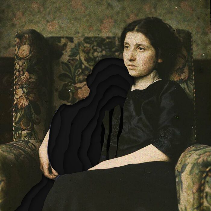 Woman sitting on floral armchair with an intricate collage cutout blending shadows and layers in a surreal artistic style.