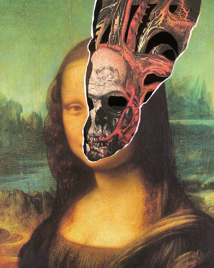 Intricate collage showing Mona Lisa with a torn section revealing a detailed skull and anatomical elements underneath.