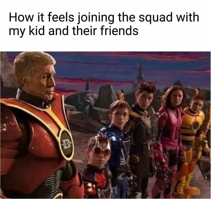 Dad and kids in futuristic armor, capturing the humor of funny memes for dads who just want to game in peace.