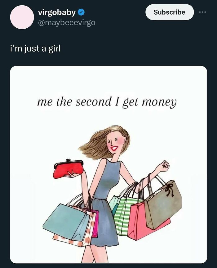 Woman holding multiple shopping bags and a red purse, representing makeup, fashion, and diva life humor meme.