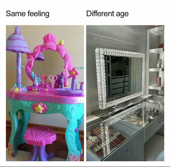 Children’s colorful toy vanity contrasted with an elegant adult makeup station, highlighting makeup fashion and diva life.