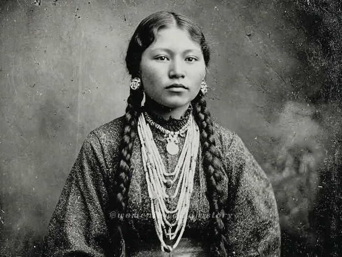 Historic black and white portrait of a Native American woman, symbolizing overlooked women and their important achievements.