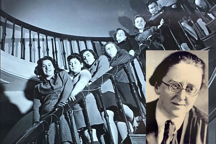 Black and white photo of a group of women on a staircase alongside a portrait of a historical woman, highlighting overlooked achievements.