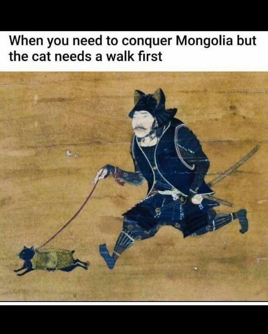 Ancient warrior in traditional armor running while walking a cat on a leash in a funny animal meme.