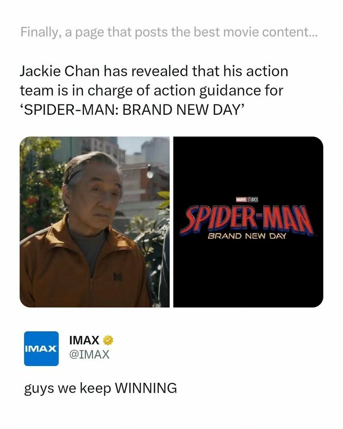 Jackie Chan linked to Spider-Man action guidance in a funny movie meme highlighting popular movie content and posts.