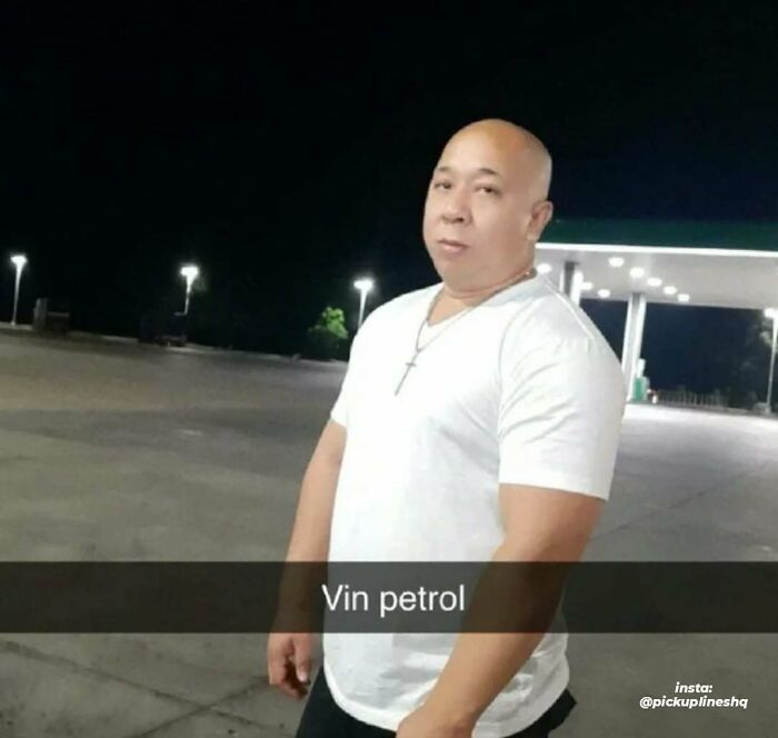Man in white shirt standing near a gas station at night with a humorous caption about petrol and wine memes.