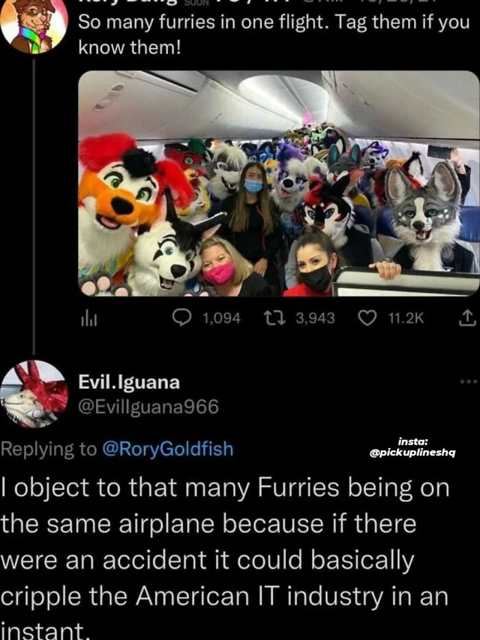 Group of people in colorful furry costumes and masks posing inside an airplane cabin, showcasing meme humor and laughter.