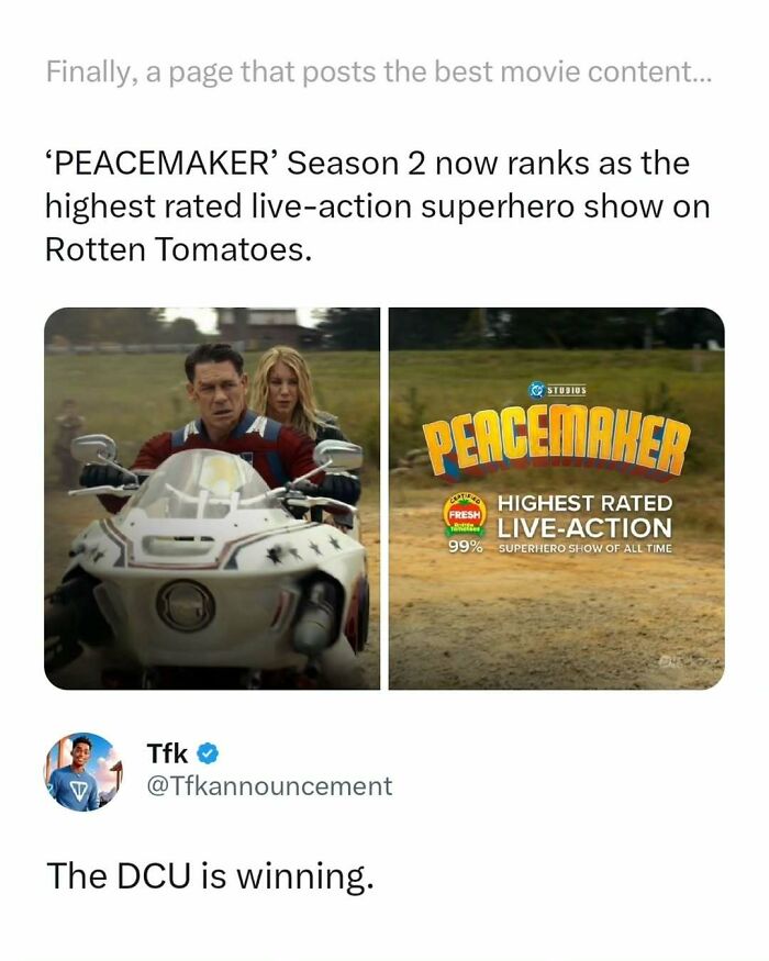 Peacemaker Season 2 ranks as highest rated live-action superhero show on Rotten Tomatoes in movie memes and posts.