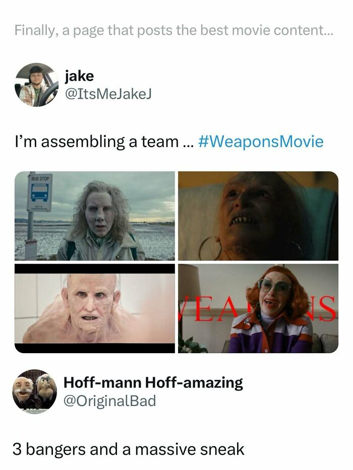 Movie memes featuring unusual characters assembling a team, highlighting funny and interesting movie content posts.