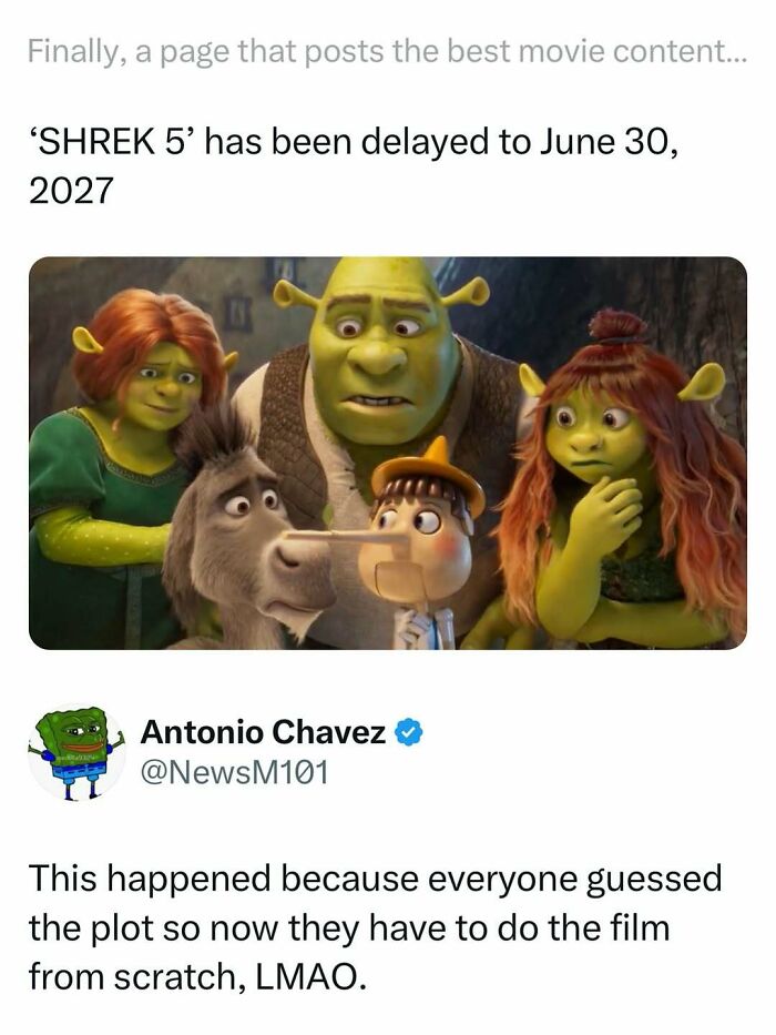 Meme about the movie Shrek 5 delay with funny post on interesting movie memes that hit harder.
