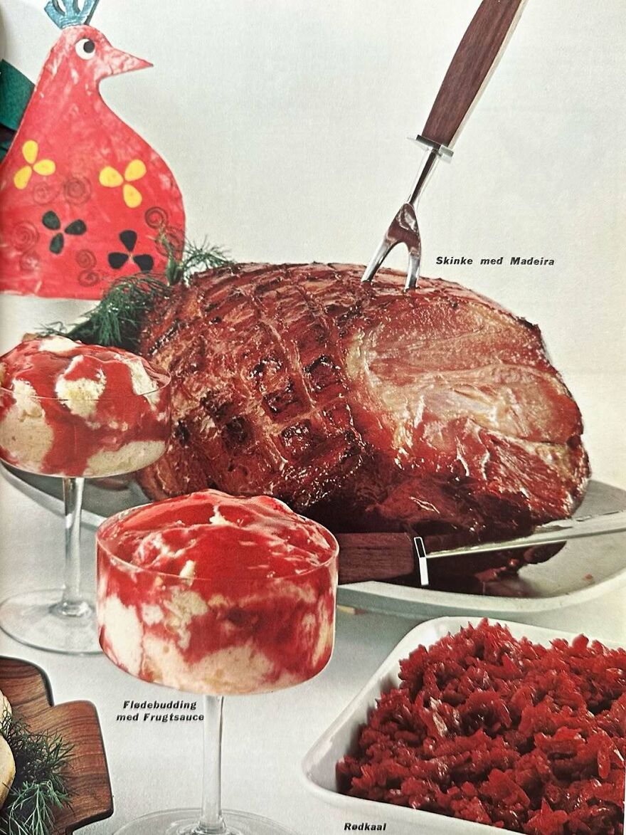 Vintage recipes featuring a glazed ham, creamy dessert with fruit sauce, and a side of red cabbage on a white table.