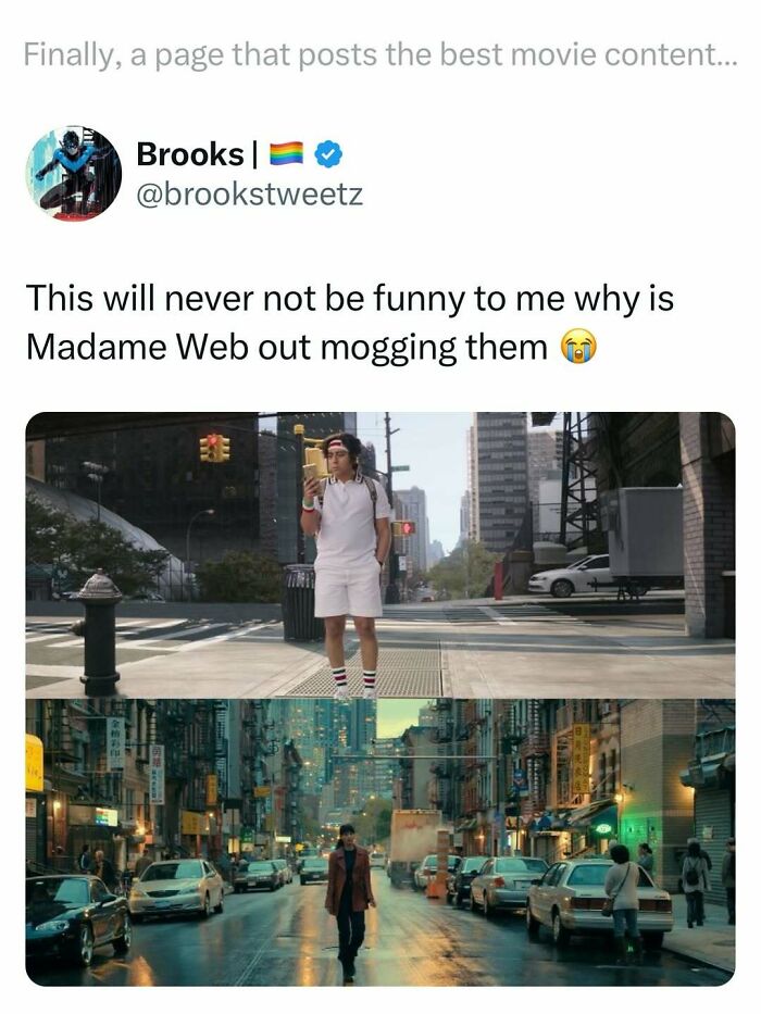 Tweet about funny movie memes featuring scenes from Madame Web and Spider-Man in urban settings.