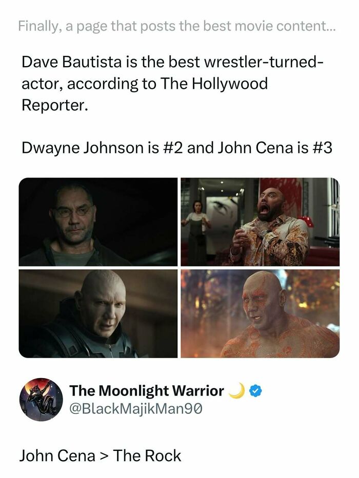Meme comparing wrestlers turned actors ranked by The Hollywood Reporter with funny movie memes and posts.