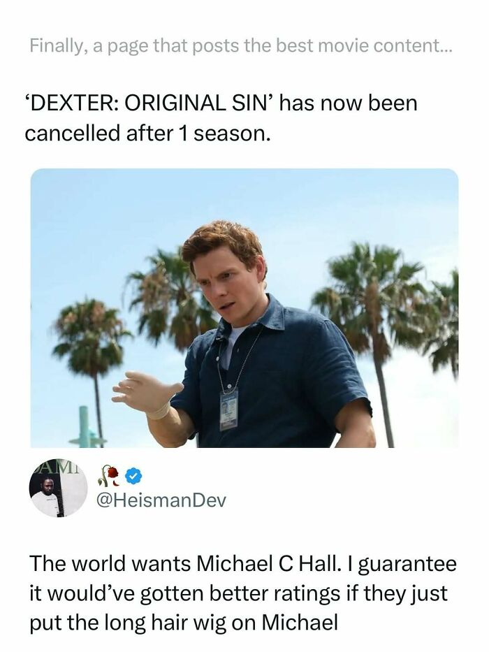 Man in a blue shirt tagging a badge with palm trees behind, part of funny movie memes and posts about canceled shows.
