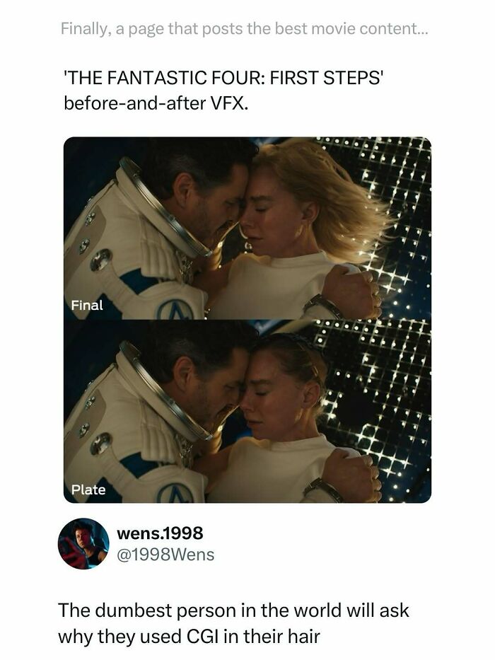 Comparison of final and plate VFX shots from The Fantastic Four showing CGI in hair, featured in funny and interesting movie memes.