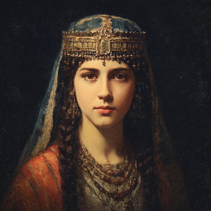 Portrait of a historical woman wearing an ornate headpiece and jewelry, representing overlooked women in history achievements.
