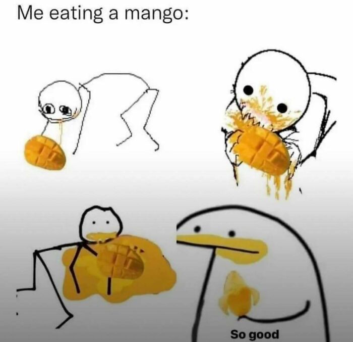 Four simple cartoon characters messily eating mango, showcasing funny expressions in a popular meme format for laughgorithm memes.