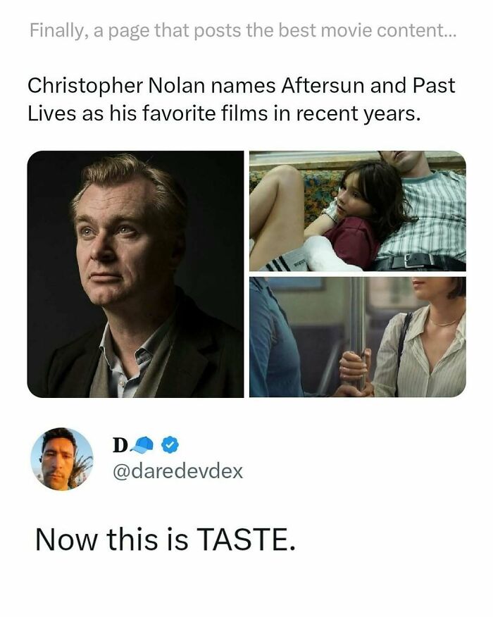 Christopher Nolan portrait and scenes from Aftersun and Past Lives, featured in funny and interesting movie memes and posts.