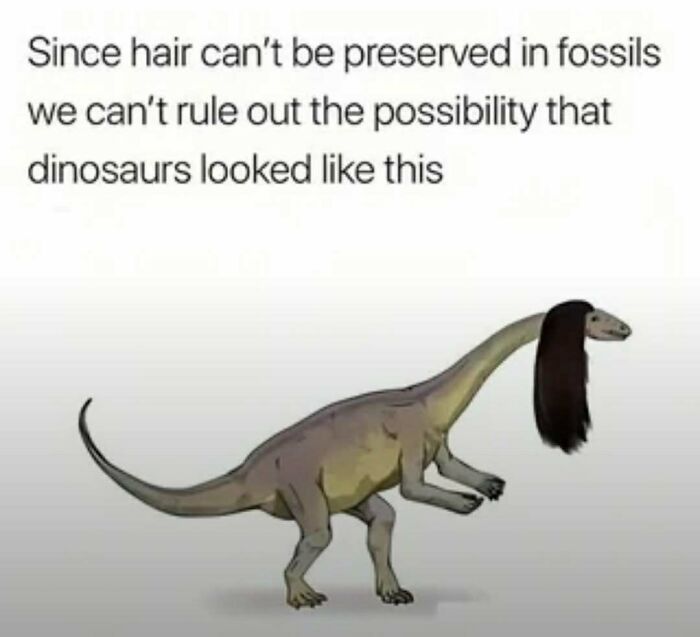 Dinosaur illustration with long black hair humorously suggesting perfect memes for a laugh from Laughgorithm.