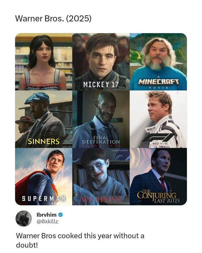 Warner Bros movie memes featuring parodies of upcoming films including Minecraft, Superman, and Final Destination.