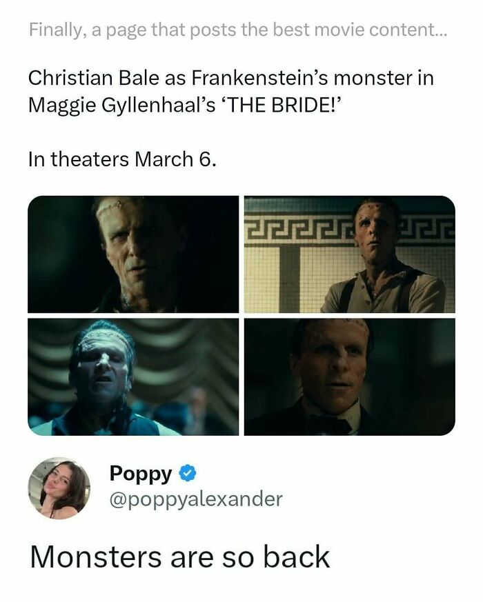 Christian Bale as Frankenstein’s monster in movie meme highlighting funny and interesting movie moments that hit harder.