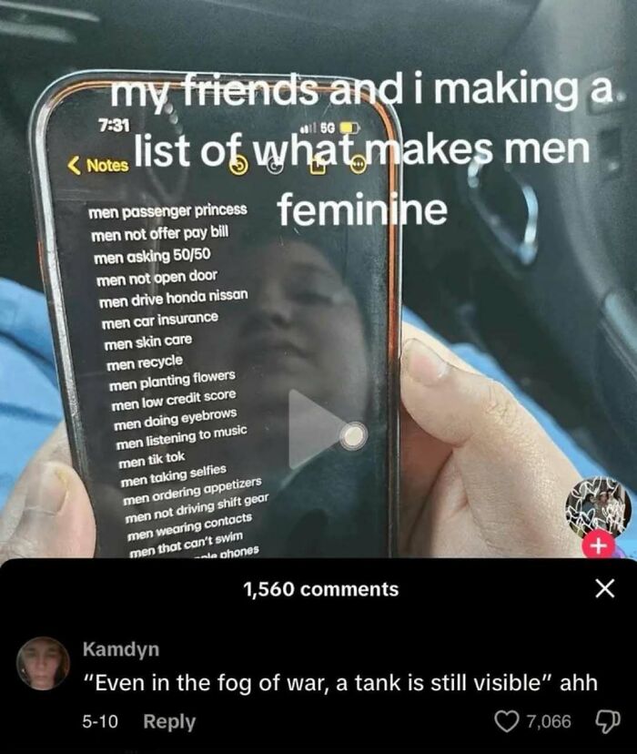 Phone screen showing a humorous list about men looking feminine, featured in a Laughgorithm meme with many comments.