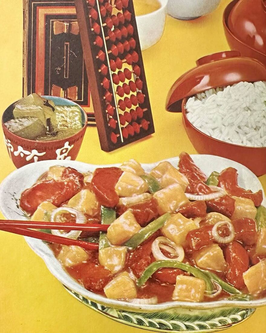 Vintage recipe dish served with rice and soup, showcasing interesting vintage recipes with bizarre ingredients and presentation.