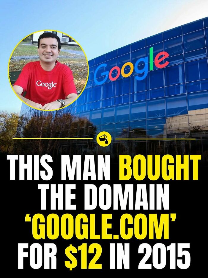Man wearing red Google shirt with Google building in background, illustrating domain purchase fact from Spill Now.