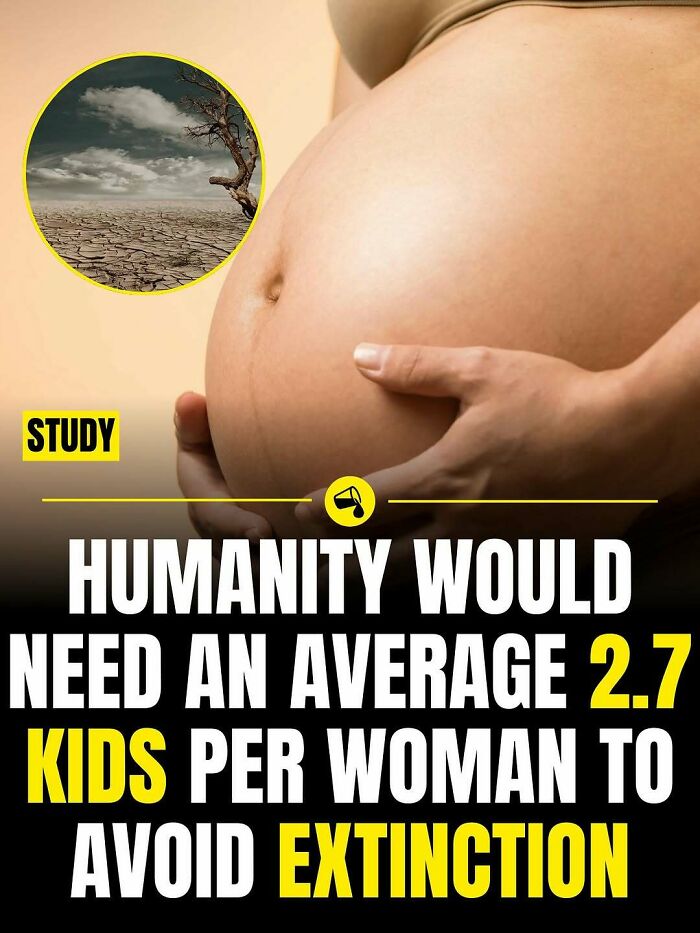 Pregnant woman holding belly with text about humanity needing 2.7 kids per woman to avoid extinction in spill now facts.