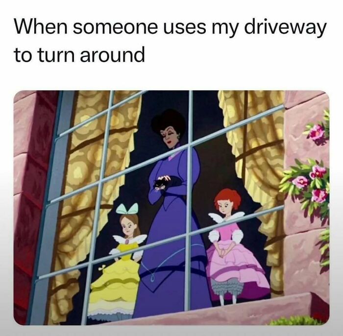 Animated scene showing three characters looking out a window, capturing a meme about reactions to driveway use in funny memes.