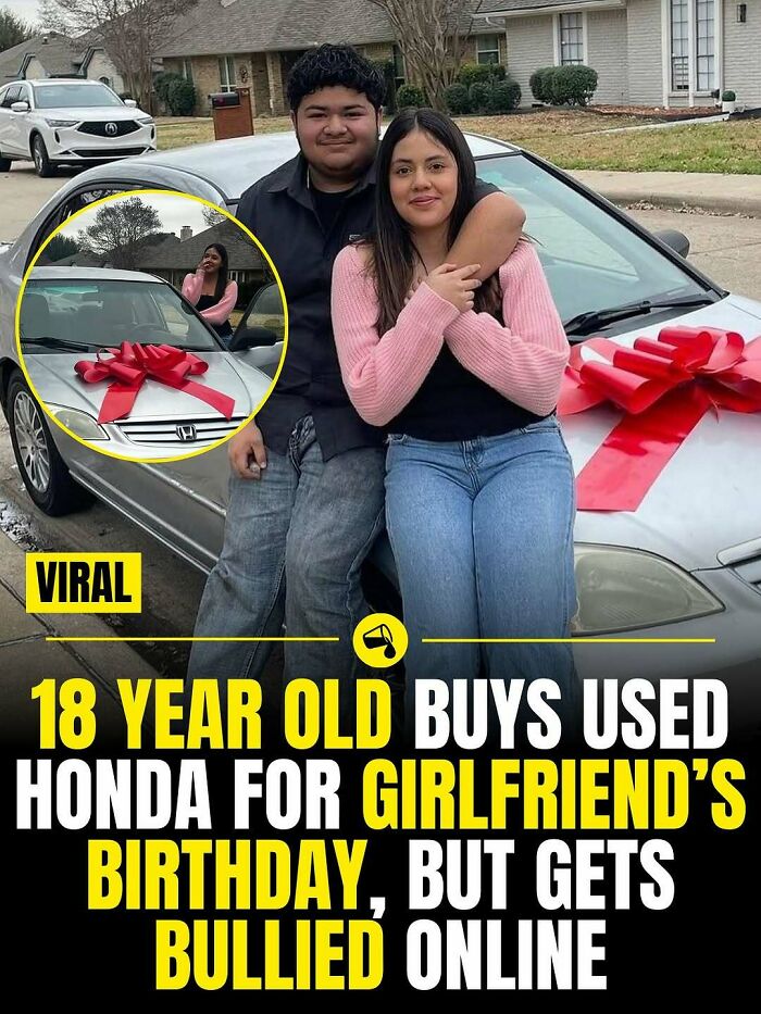 Young couple posing with a used Honda car gift, showcasing a heartfelt moment from viral photos and facts.