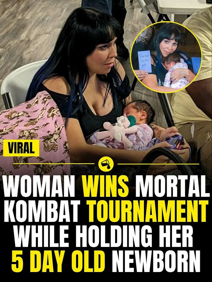 Woman holding 5 day old newborn while winning Mortal Kombat tournament shown in viral Spill Now photo.