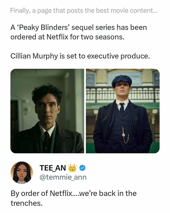 Funny and interesting movie memes showing Peaky Blinders sequel announcement with Cillian Murphy on Netflix post.