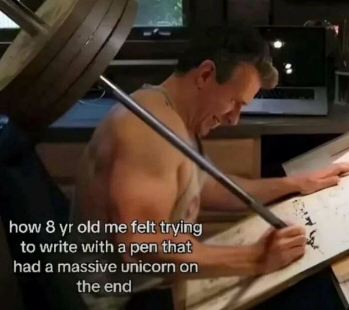 Man struggling to write with oversized pen in funny meme about childhood, related to Laughgorithm perfect 104 memes.